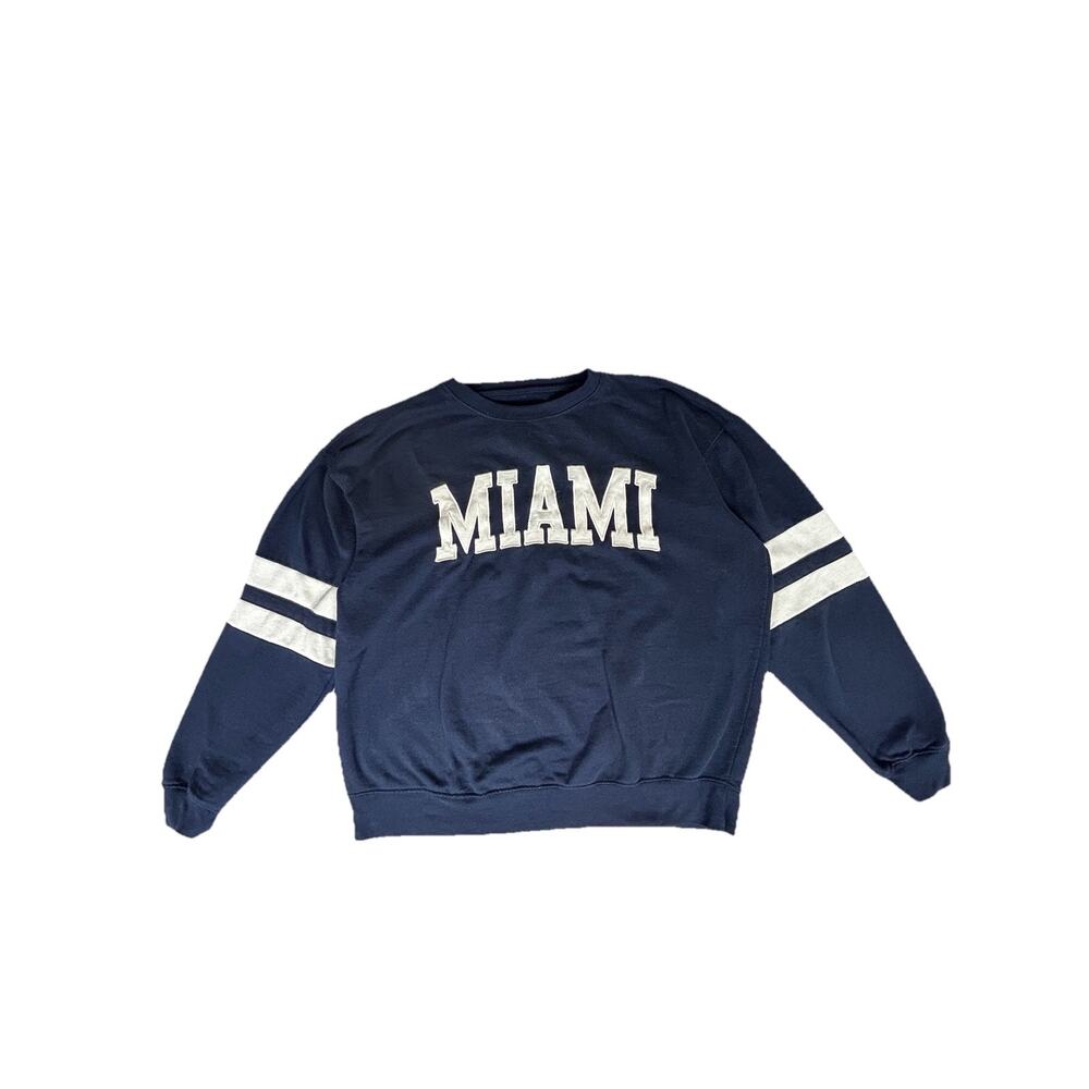 Miami New York Popular Navy Blue Crewneck Sweatshirt White Stripes Mens Large
